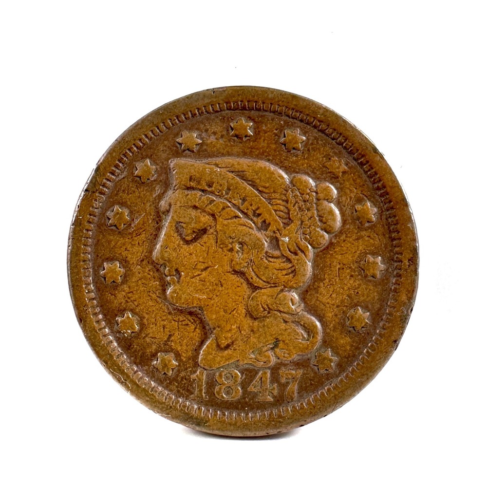 US Mint 1847 Braided Hair Large Cent One Cent Brown Good Antique Copper Coin